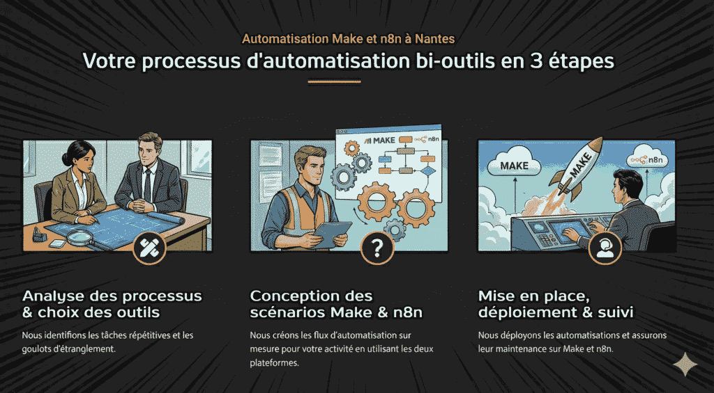 Processus d'automatisation bi-outils Make et n8n à Nantes en 3 étapes : Analyse, Conception des scénarios et Déploiement.