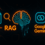 Bannière API File Search Google Gemini - RAG intelligence artificielle avec cerveau numérique néon orange et cyan sur fond noir