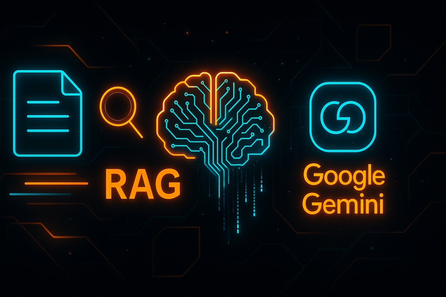 Bannière API File Search Google Gemini - RAG intelligence artificielle avec cerveau numérique néon orange et cyan sur fond noir