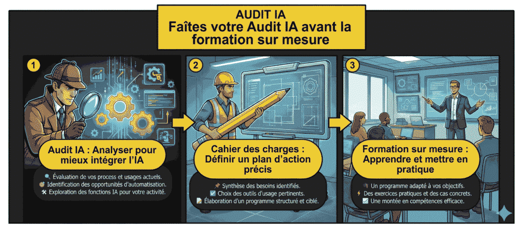 Audit IA avant formation sur mesure : les 3 étapes pour intégrer l'IA dans votre entreprise.