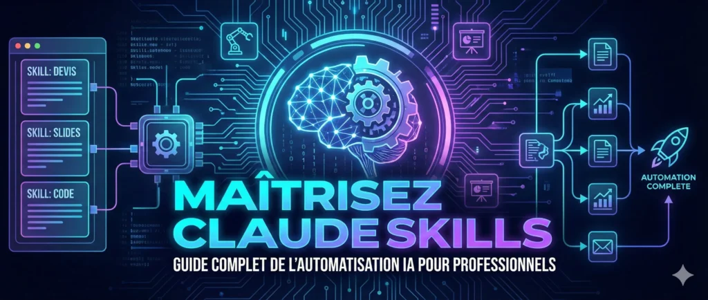 Bandeau illustration Maîtrisez Claude Skills. Cerveau IA central connecté à des modules Devis, Slides et Code. Texte : Guide Complet de l'Automatisation IA pour Professionnels.