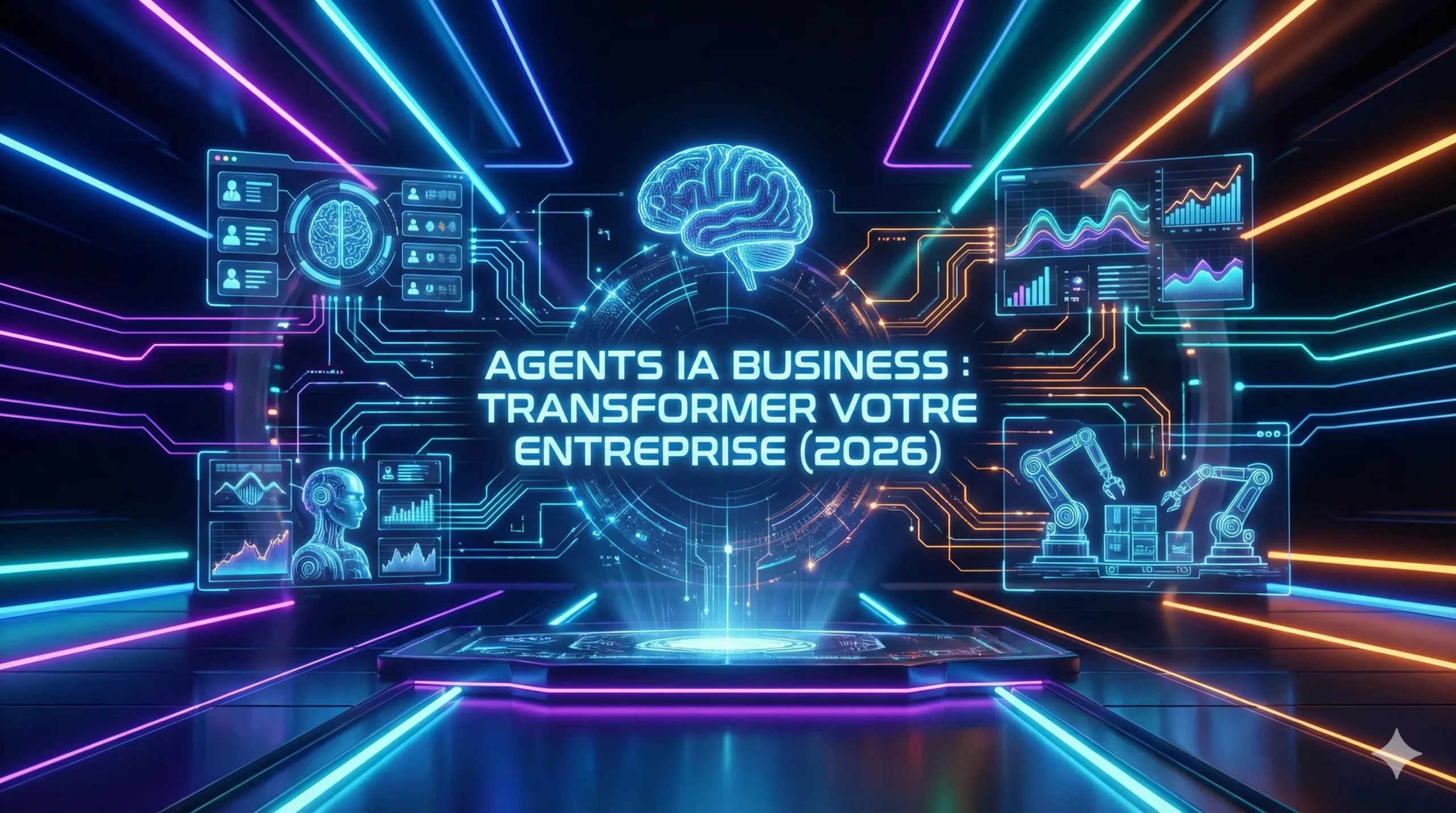Interface futuriste gestion agents IA business et transformation entreprise