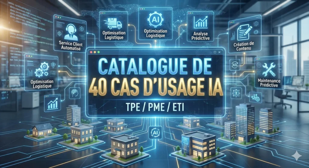 Infographie illustrant un catalogue de 40 cas d'usage de l'intelligence artificielle pour les entreprises TPE, PME et ETI avec des exemples de maintenance prédictive et service client.