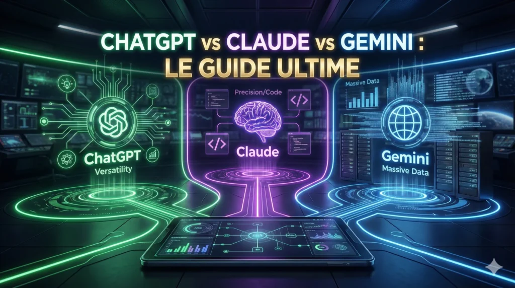 Illustration futuriste comparant les logos de ChatGPT, Claude et Gemini dans un environnement de travail digital.