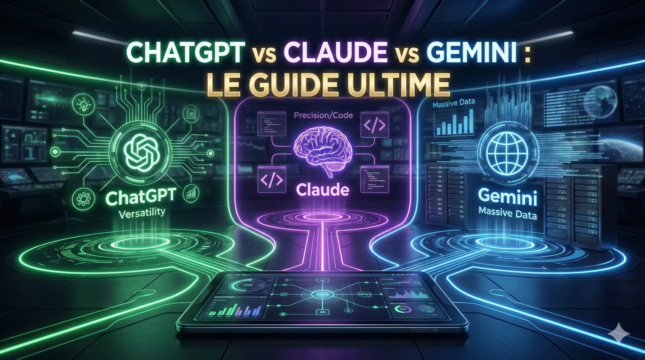 Illustration futuriste comparant les logos de ChatGPT, Claude et Gemini dans un environnement de travail digital.