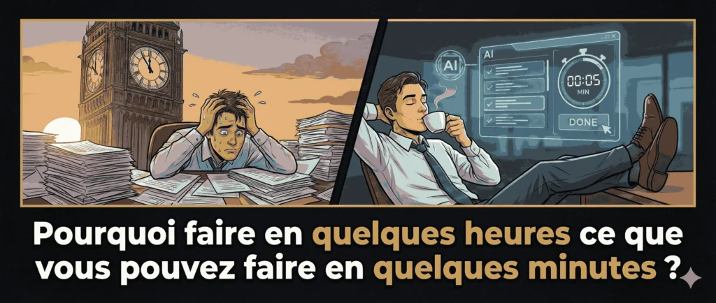Comparaison entre un professionnel stressé par la paperasse et un professionnel serein utilisant l'IA pour gagner du temps
