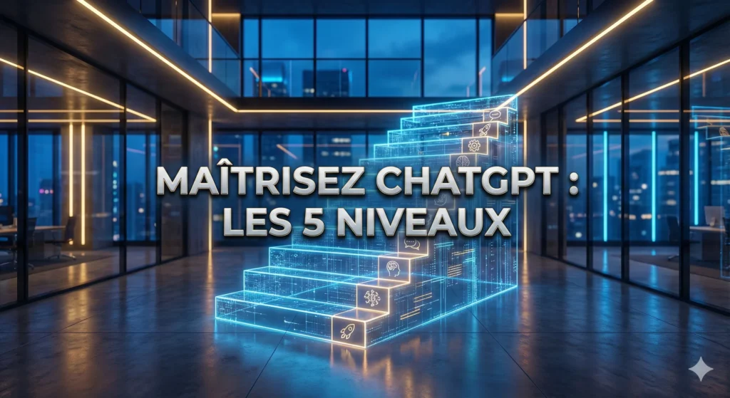 Infographie visuelle d'un escalier numérique lumineux dans un bureau, illustrant les 5 niveaux progressifs de maîtrise de ChatGPT avec le texte incrusté "MAÎTRISEZ CHATGPT : LES 5 NIVEAUX".