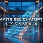Infographie visuelle d'un escalier numérique lumineux dans un bureau, illustrant les 5 niveaux progressifs de maîtrise de ChatGPT avec le texte incrusté "MAÎTRISEZ CHATGPT : LES 5 NIVEAUX".