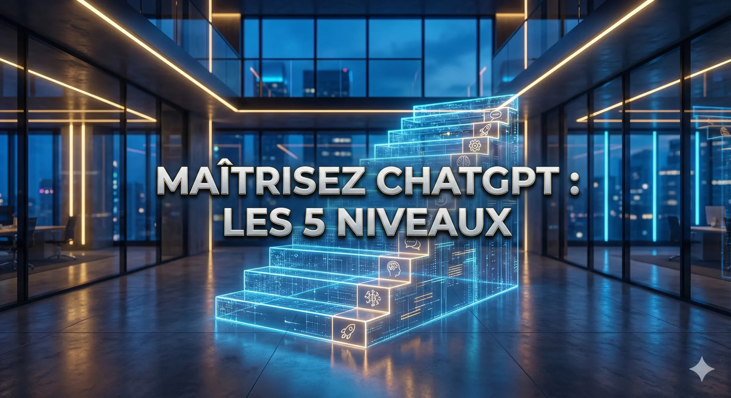 Infographie visuelle d'un escalier numérique lumineux dans un bureau, illustrant les 5 niveaux progressifs de maîtrise de ChatGPT avec le texte incrusté "MAÎTRISEZ CHATGPT : LES 5 NIVEAUX".