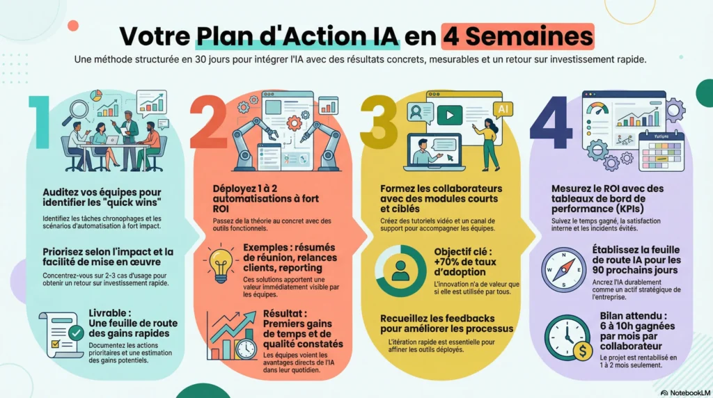 Infographie Plan d'Action IA en 4 semaines. Étape 1 : Audit et Quick Wins. Étape 2 : Déploiement automatisations. Étape 3 : Formation collaborateurs. Étape 4 : Mesure ROI et KPIs. Objectif : gain de 6 à 10h par mois.