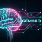 Illustration futuriste de Gemini 3 Pro connectant un cerveau numérique aux fonctionnalités de Vibe Coding et d'Agents IA.