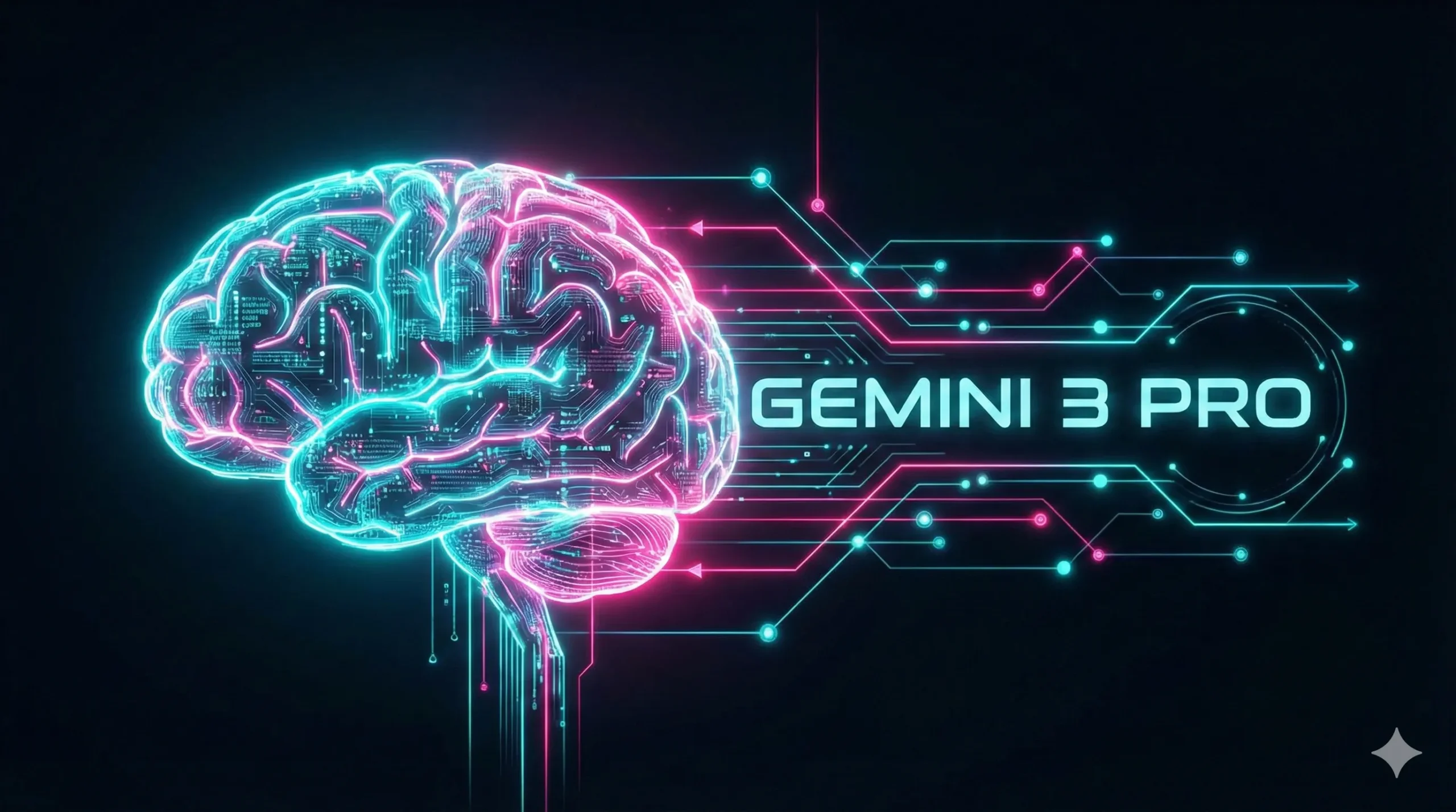 Illustration futuriste de Gemini 3 Pro connectant un cerveau numérique aux fonctionnalités de Vibe Coding et d'Agents IA.