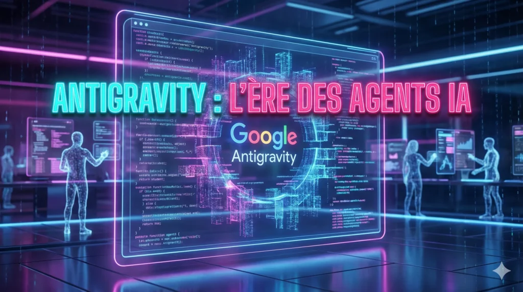 Interface futuriste de Google Antigravity montrant des agents IA créant une application