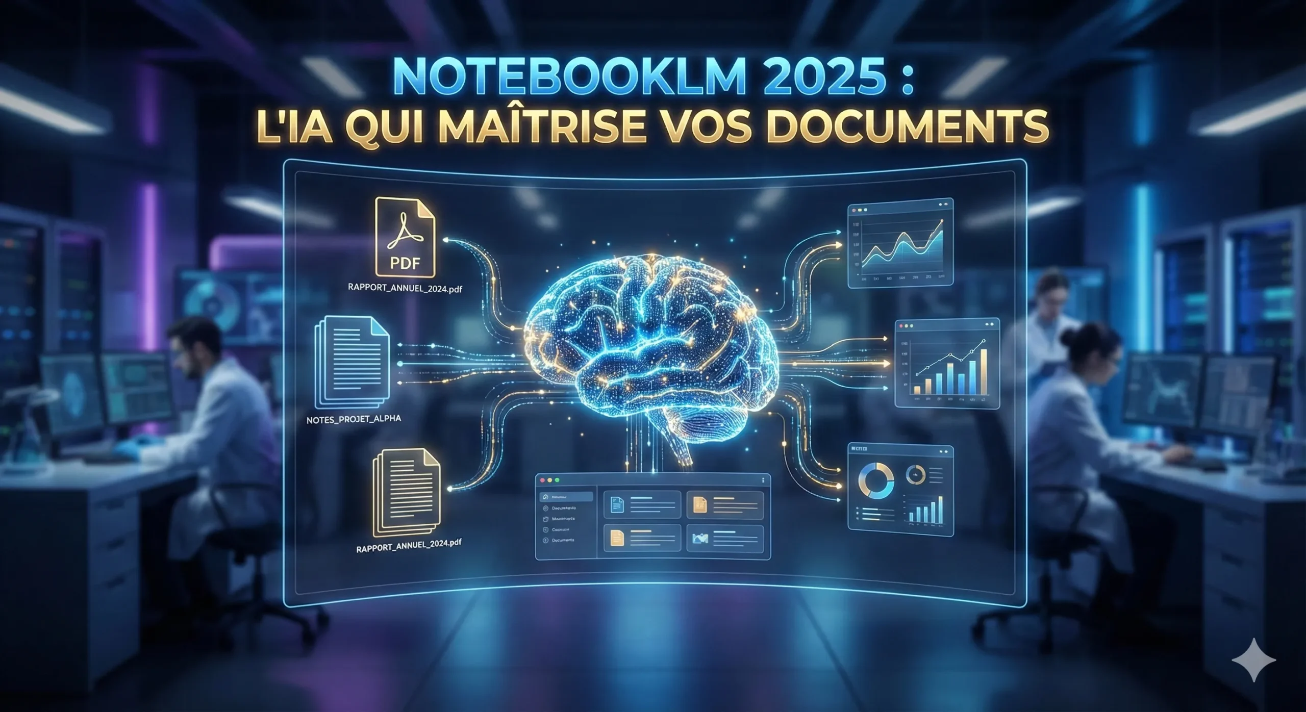 Interface conceptuelle de Google NotebookLM traitant des documents numériques pour générer une synthèse intelligente.