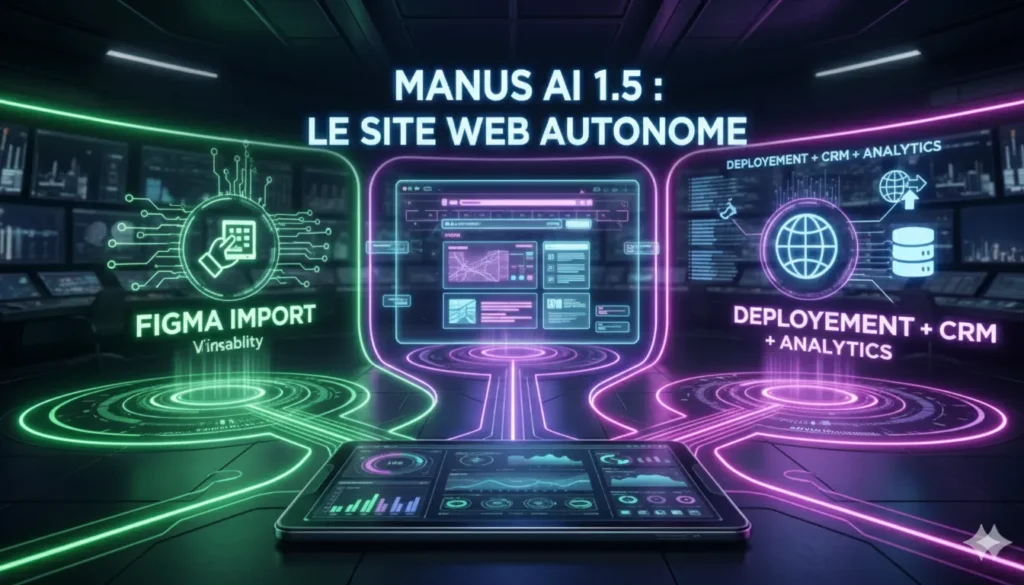 Interface Manus AI v1.5 générant un site web professionnel avec CRM et analytics.
