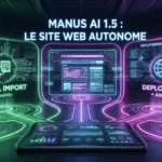 Interface Manus AI v1.5 générant un site web professionnel avec CRM et analytics.