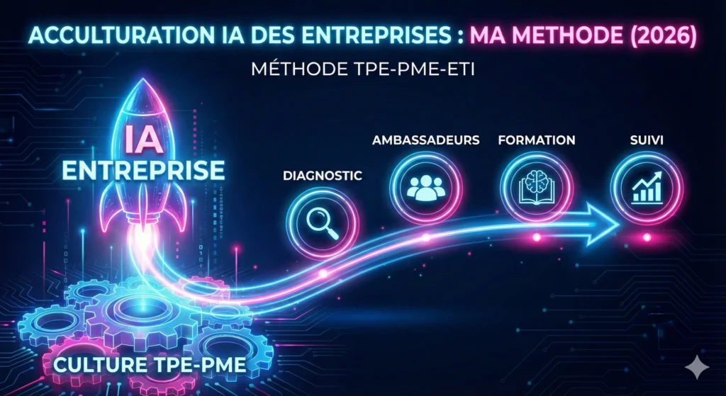 Acculturation IA Entreprise : Transformez votre PME grâce à notre méthode 2026. Formation 80% pratique, financement Qualiopi et ROI rapide. Adoptez l'IA maintenant.