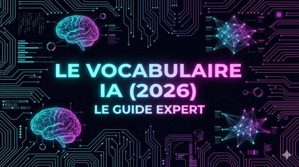 Illustration futuriste du guide expert 'Le Vocabulaire IA (2026)', avec des cerveaux numériques et des circuits lumineux.