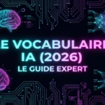 Illustration futuriste du guide expert 'Le Vocabulaire IA (2026)', avec des cerveaux numériques et des circuits lumineux.