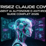 Guide complet Claude CoWork 2026 - Agent IA autonome Anthropic - Robot IA futuriste avec circuits néon cyan et magenta sur fond noir high-tech