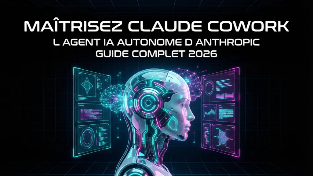 Guide complet Claude CoWork 2026 - Agent IA autonome Anthropic - Robot IA futuriste avec circuits néon cyan et magenta sur fond noir high-tech