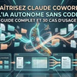 Illustration représentant l'agent IA Claude Cowork organisant automatiquement des fichiers et des données sur un bureau numérique.