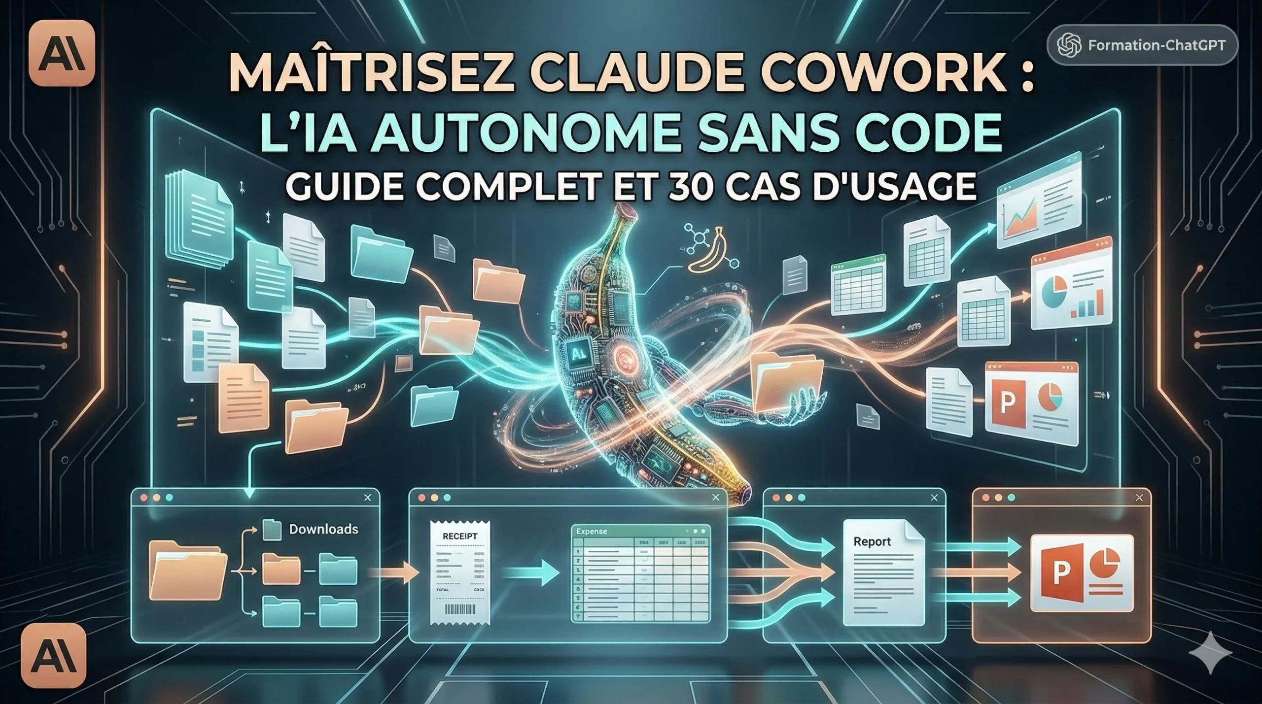 Illustration représentant l'agent IA Claude Cowork organisant automatiquement des fichiers et des données sur un bureau numérique.