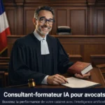 Christophe Girard, consultant-formateur IA, portant une robe d'avocat dans une salle d'audience, tenant un Code de droit et un stylo, illustrant la formation juridique moderne.