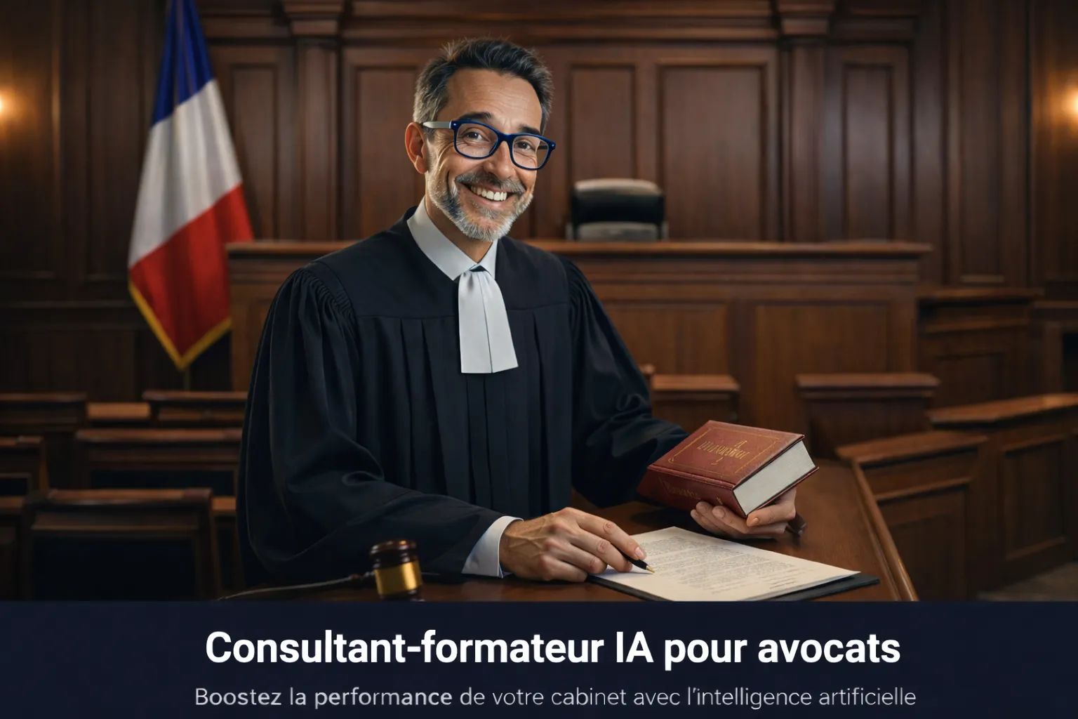 Christophe Girard, consultant-formateur IA, portant une robe d'avocat, illustrant Claude Code avocats