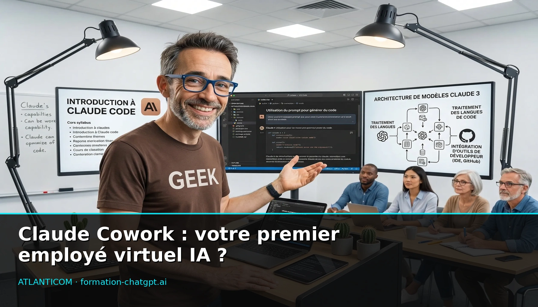 Christophe Girard, consultant-formateur IA, devant ses écrans de workflows d'automatisation, illustrant Claude Cowork.