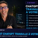 Interface professionnelle ChatGPT avec bascule chat et work, plugins connectés et curseur de puissance GPT-5.6