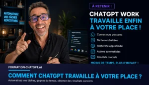 Interface professionnelle ChatGPT avec bascule chat et work, plugins connectés et curseur de puissance GPT-5.6