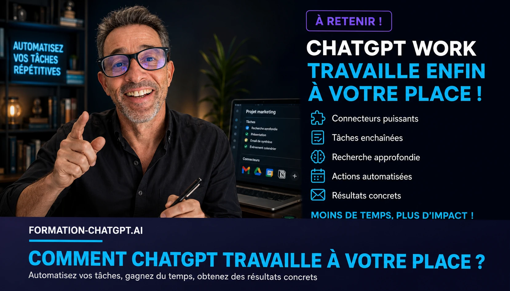 Interface professionnelle ChatGPT avec bascule chat et work, plugins connectés et curseur de puissance GPT-5.6