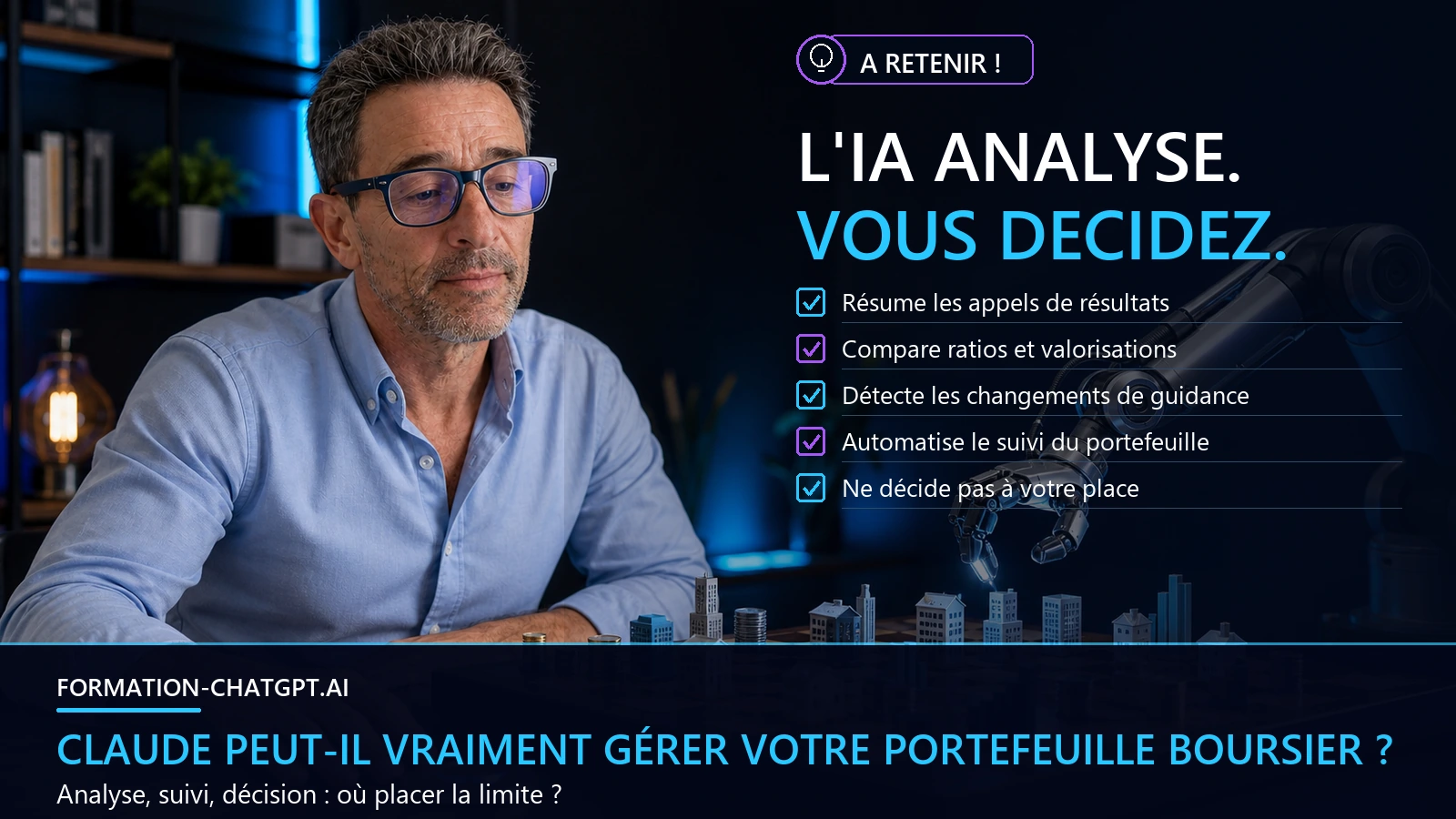 Christophe Girard garde la décision finale pendant qu'un bras robotique analyse un portefeuille boursier