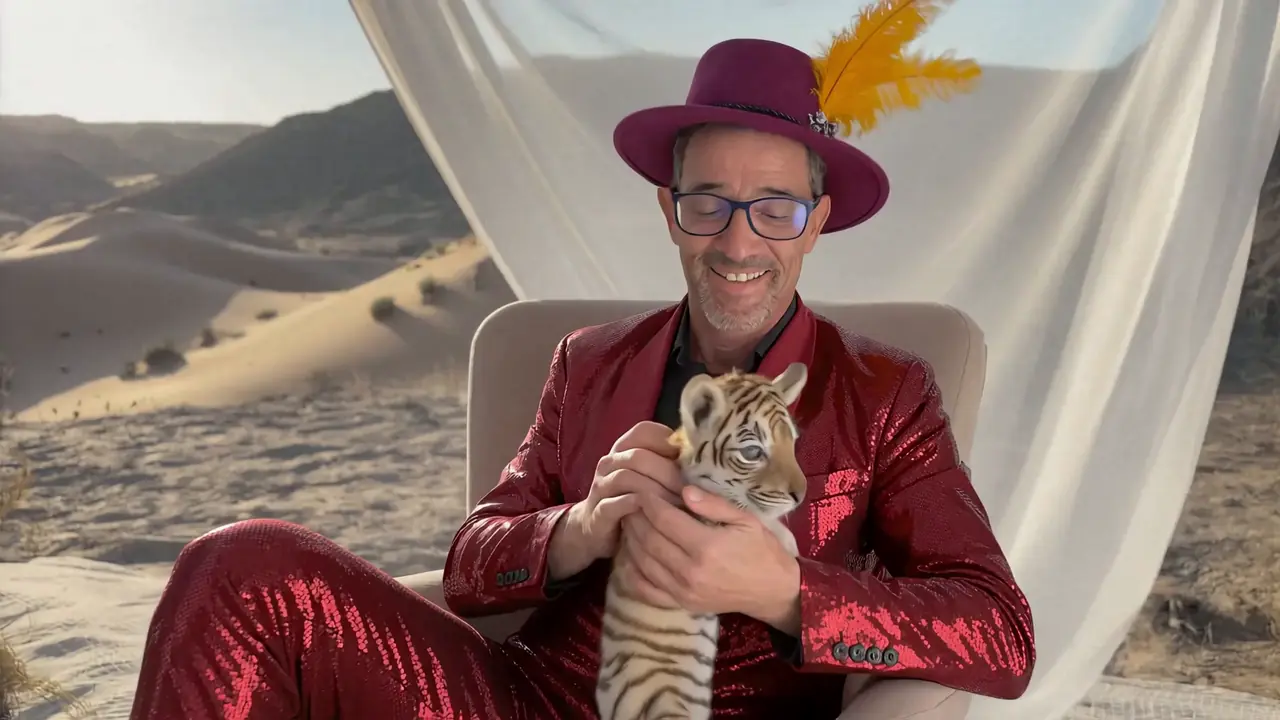 Formation IA et ChatGPT à Nantes : Christophe Girard, consultant-formateur, tient un bébé tigre dans ses bras