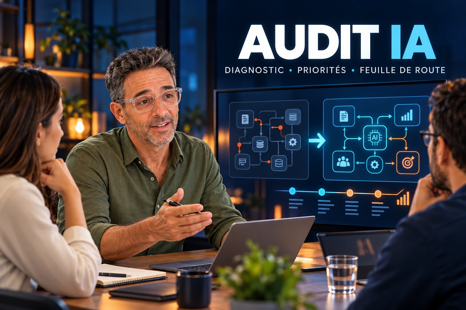Audit IA en entreprise à Nantes : Christophe Girard, consultant ATLANTICOM, présente un diagnostic, des priorités et une feuille de route IA à deux dirigeants