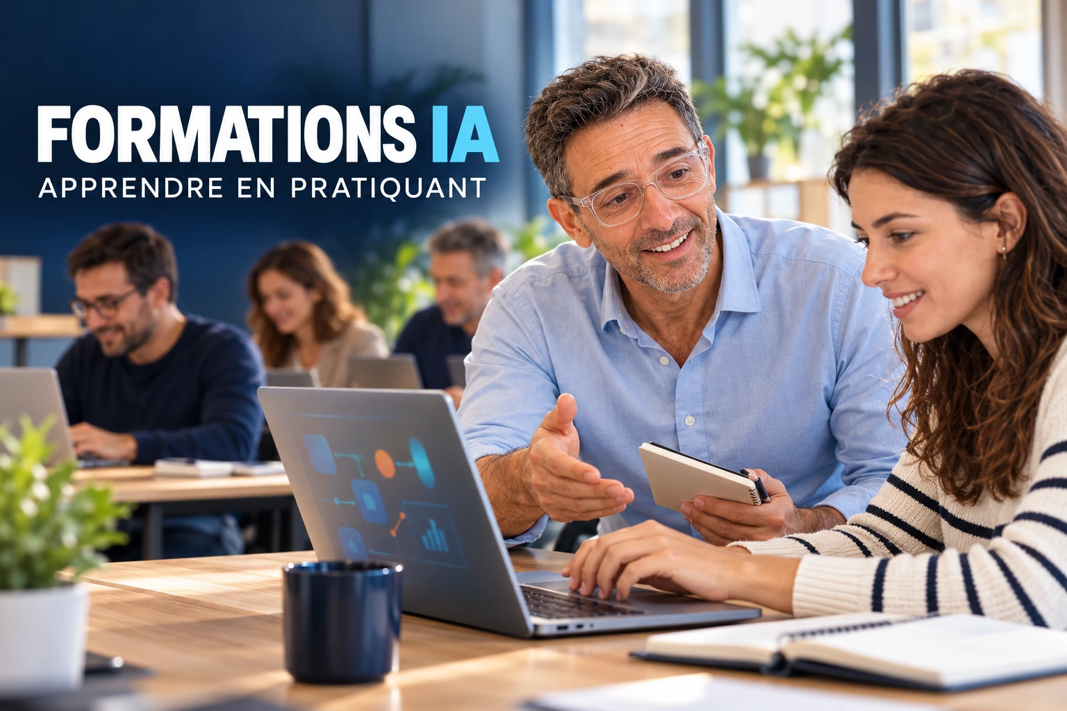 Formation IA en entreprise à Nantes : Christophe Girard accompagne une stagiaire sur ordinateur pendant un atelier pratique ATLANTICOM