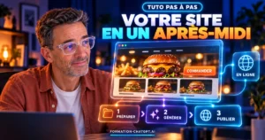 Christophe Girard devant un écran affichant un site vitrine de restaurant créé avec Claude